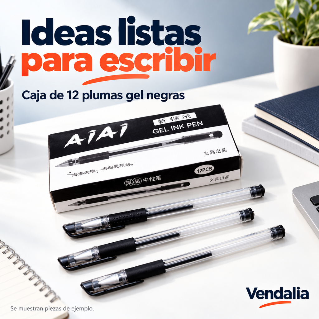 Caja de 12 plumas gel negras transparentes con piezas de ejemplo — Vendalia