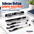 Caja de 12 plumas gel negras transparentes con piezas de ejemplo — Vendalia