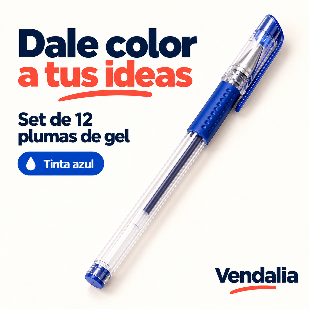 Set de 12 plumas de gel azules transparentes, portada — Vendalia