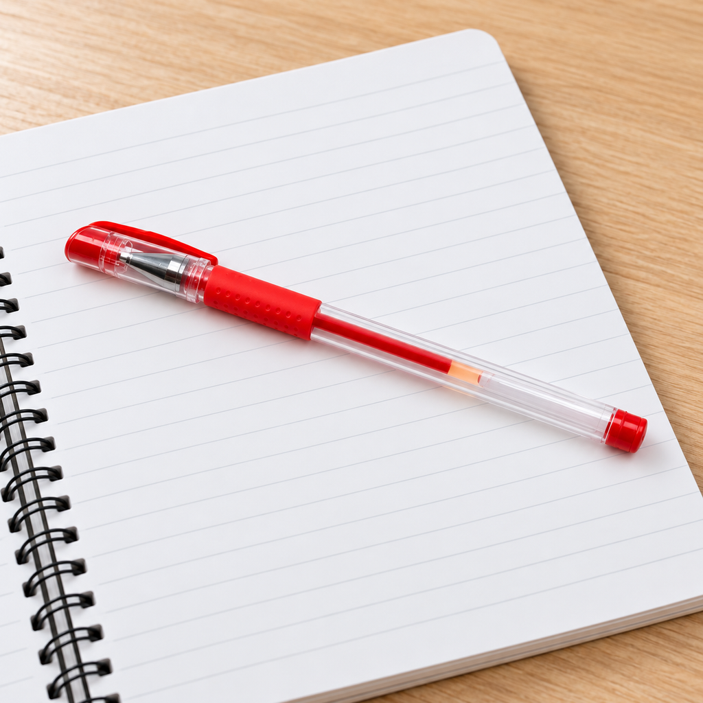 Pluma de gel roja sobre una libreta, vista del cuerpo completo