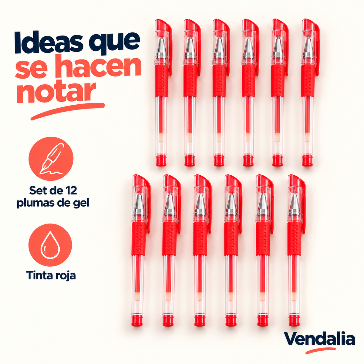 Set de 12 plumas de gel rojas transparentes, portada — Vendalia