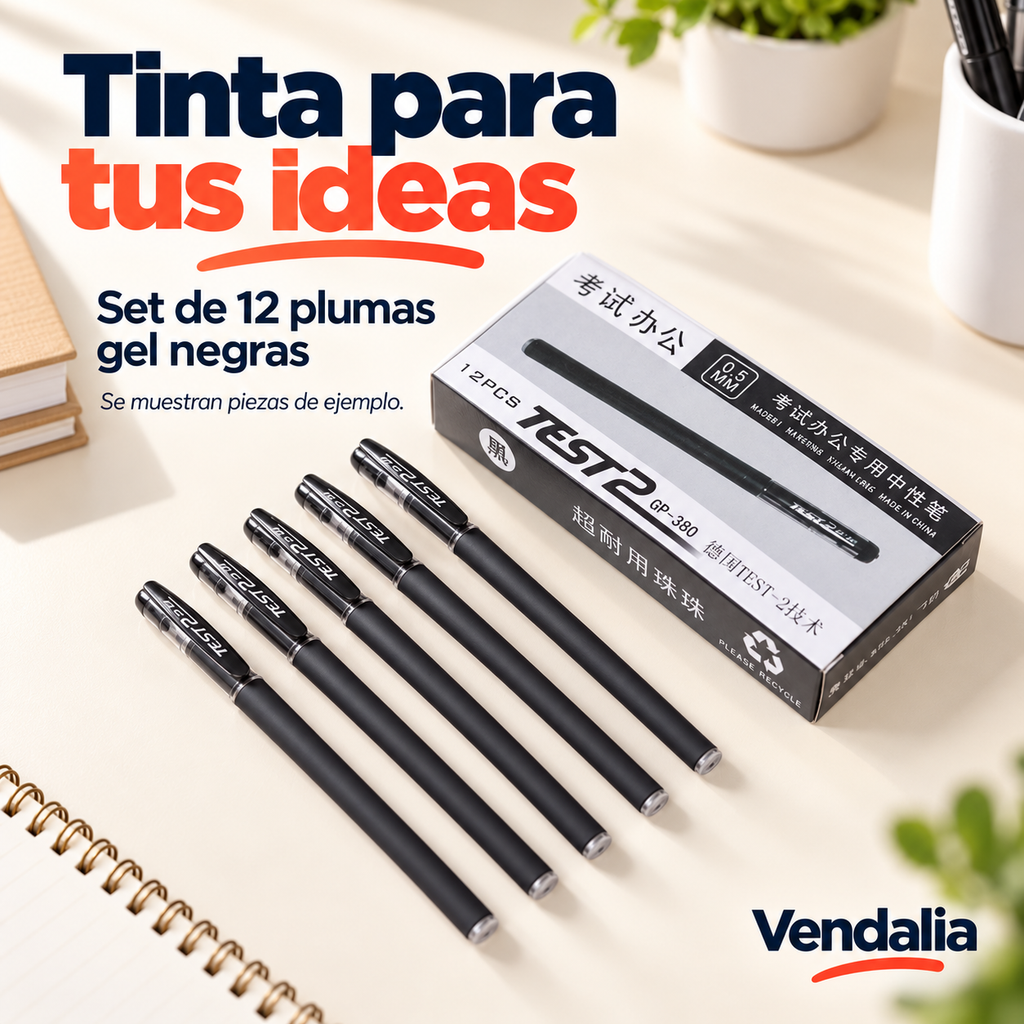 Set de doce plumas gel negras, caja con piezas de ejemplo — Vendalia