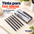 Set de doce plumas gel negras, caja con piezas de ejemplo — Vendalia