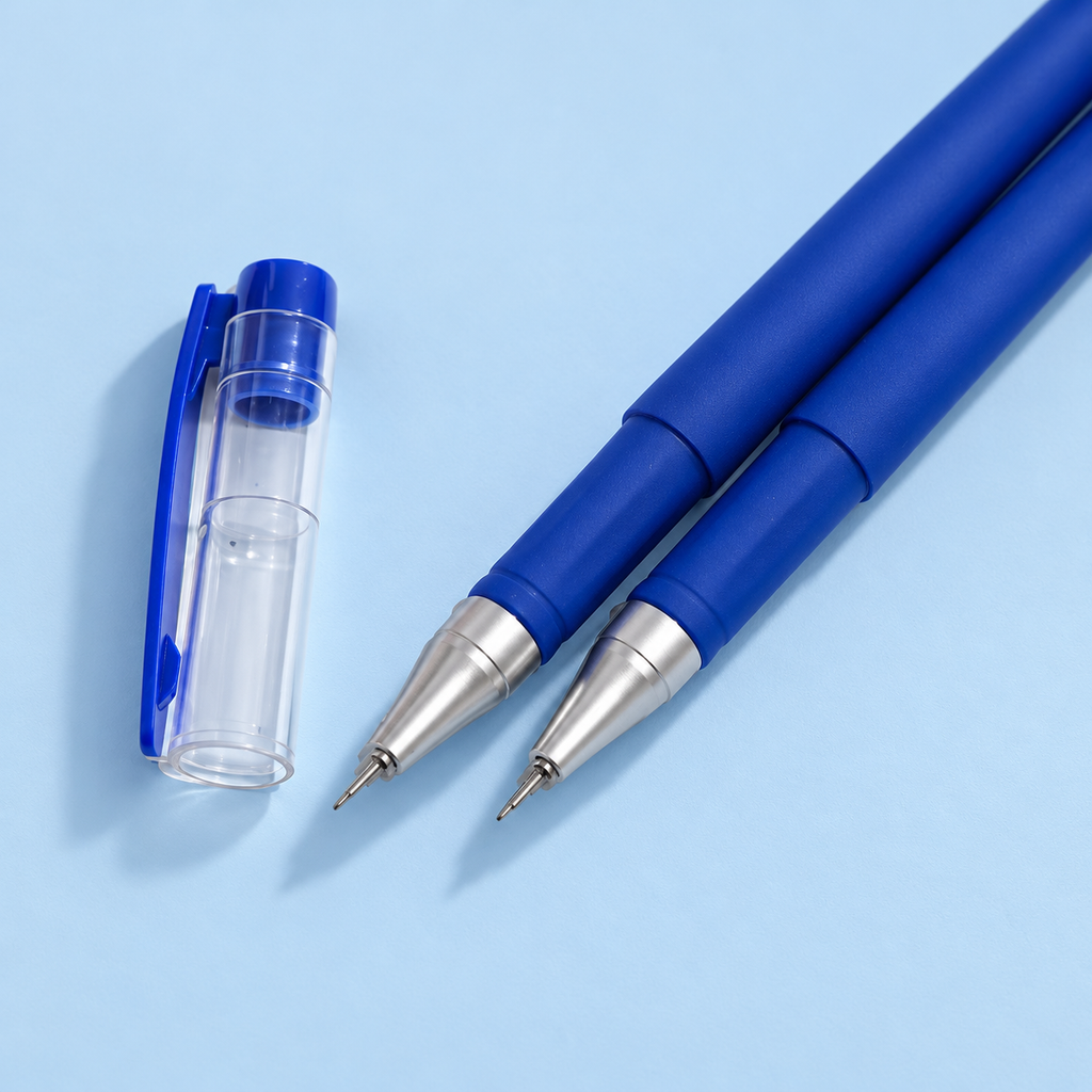 Detalle de las puntas y tapa de las plumas gel azules — Vendalia