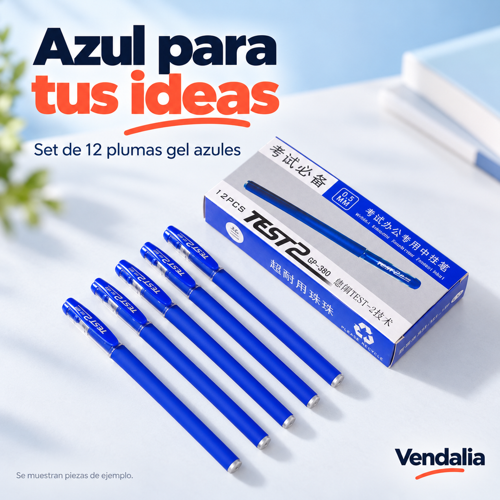 Set de 12 plumas gel azules con caja y piezas de ejemplo — Vendalia