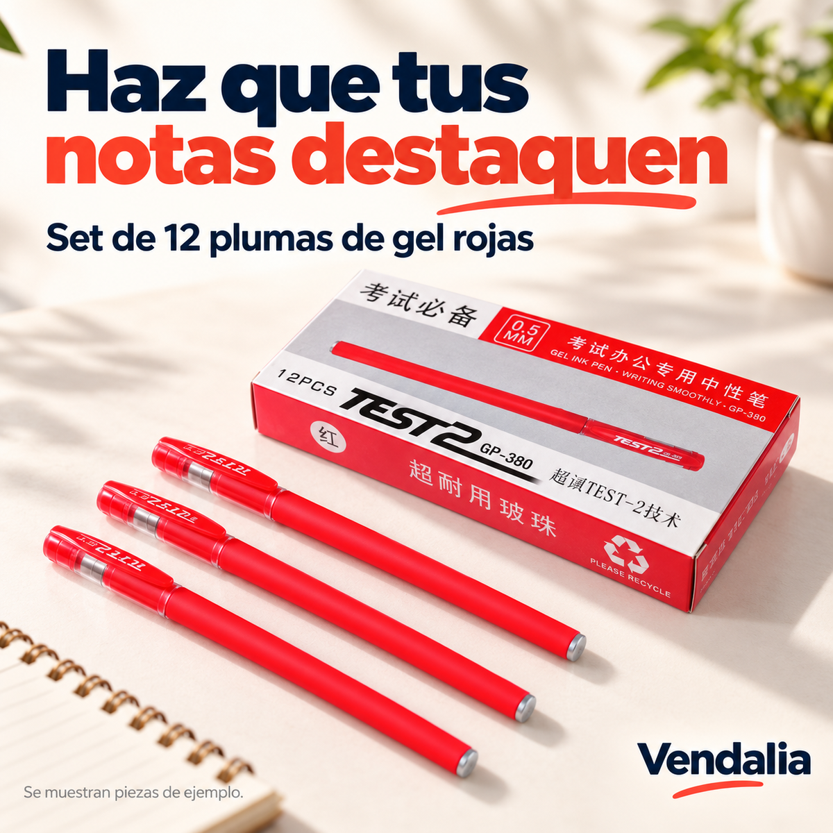 Set de12plumasgel rojas con caja, portada — Vendalia