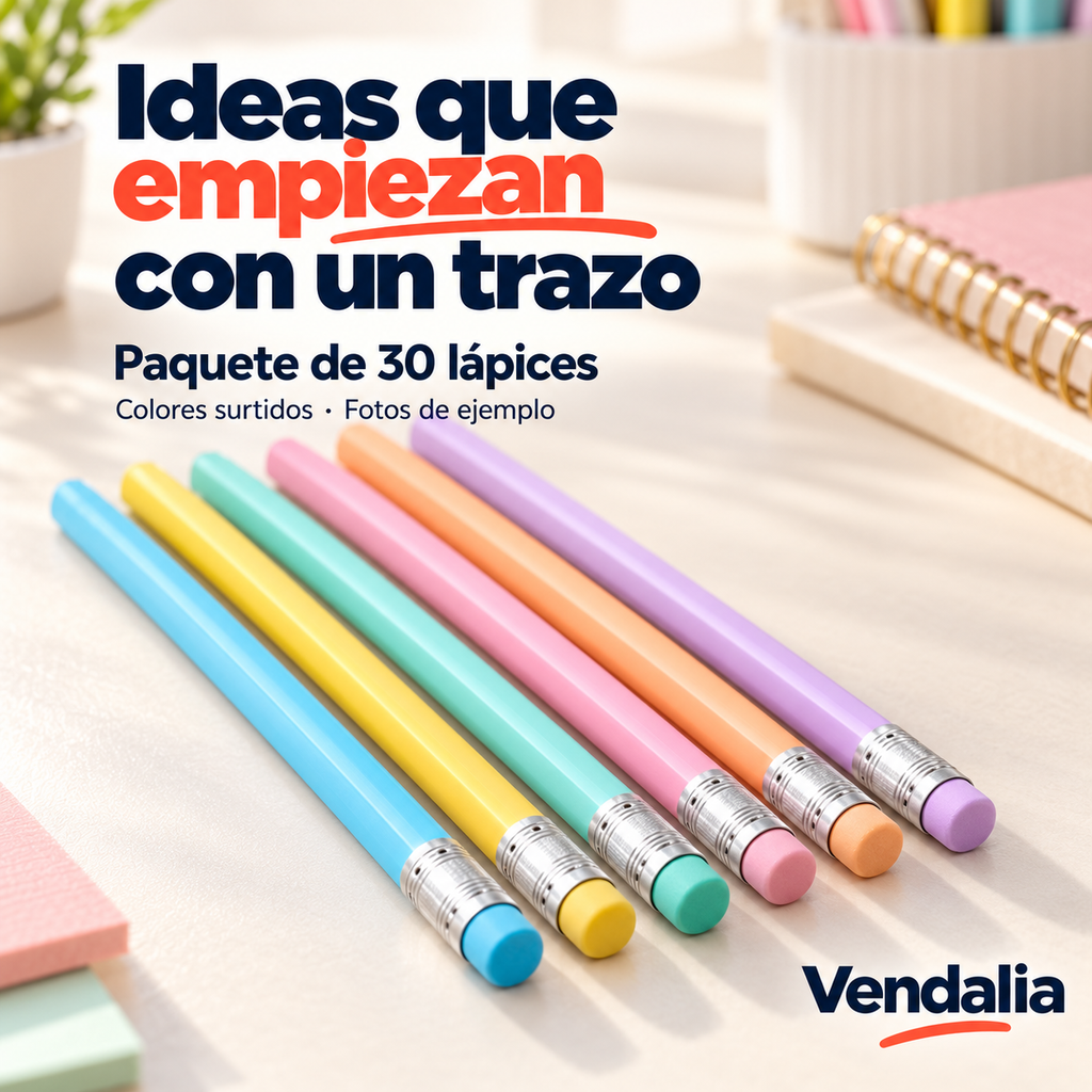 Lápices triangulares con goma, paquete de 30 piezas en colores surtidos — Vendalia
