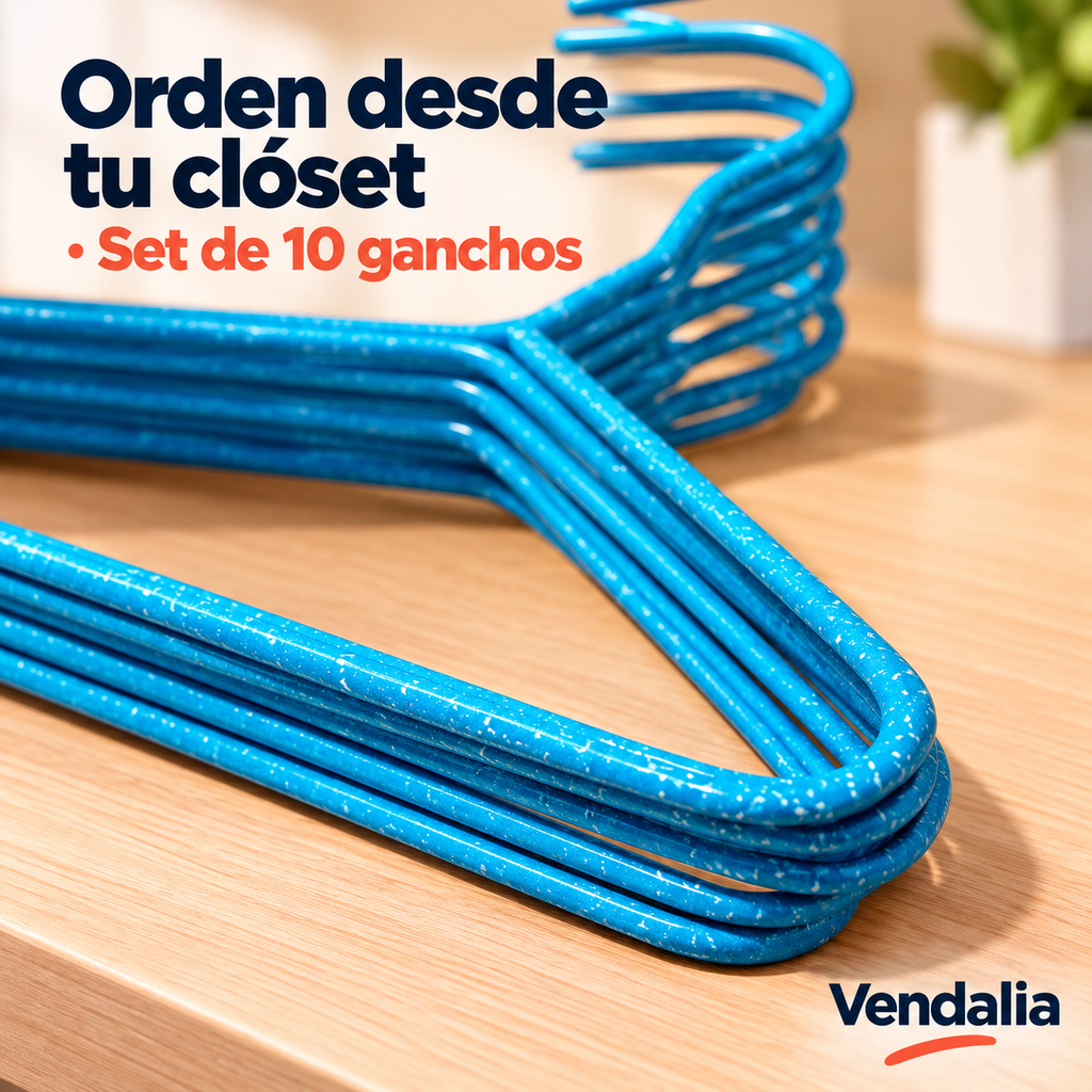 Set de diez ganchos azules para ropa — portada Vendalia