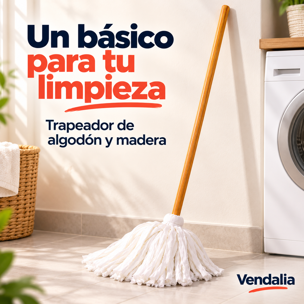 Trapeador de algodón con mango de madera, portada Vendalia
