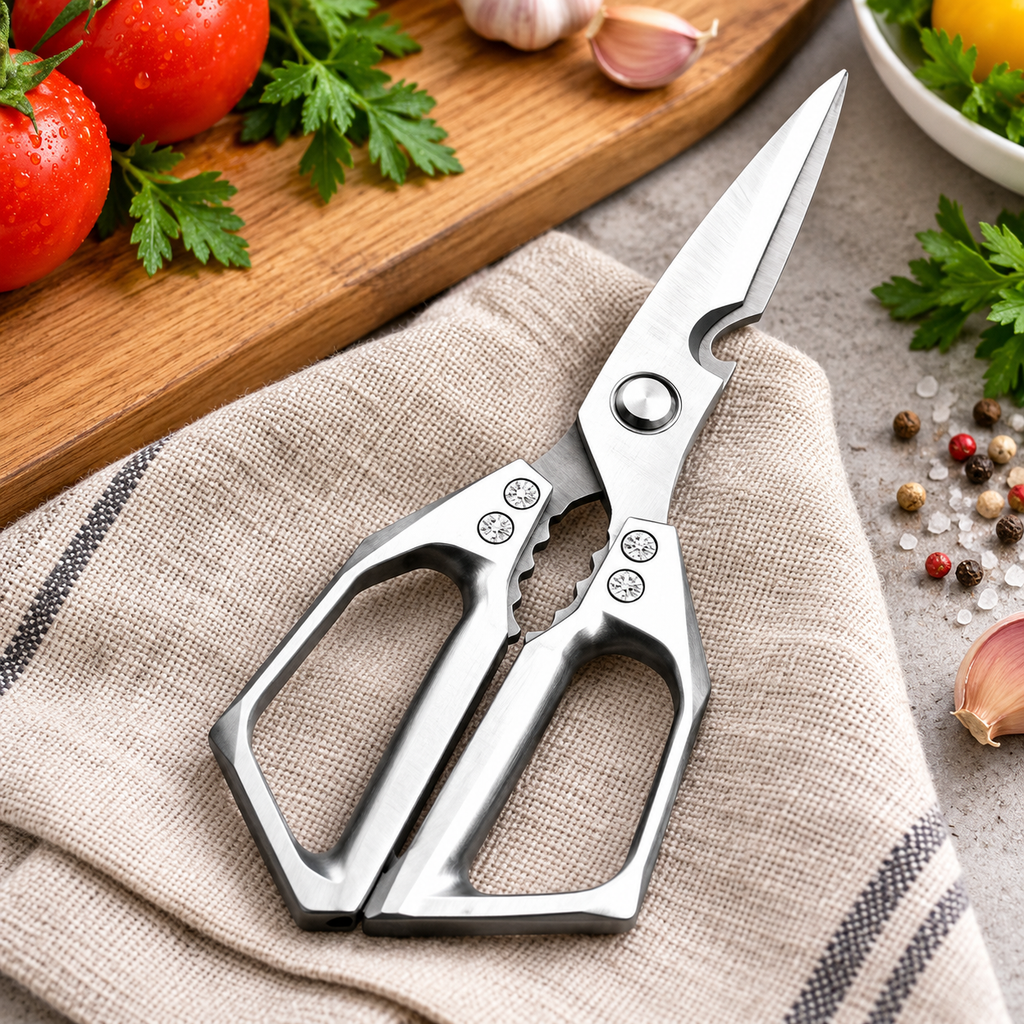 Tijeras de cocina metálicas multifuncionales. Vista de detalle.