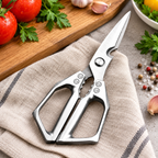 Tijeras de cocina metálicas multifuncionales. Vista de detalle.