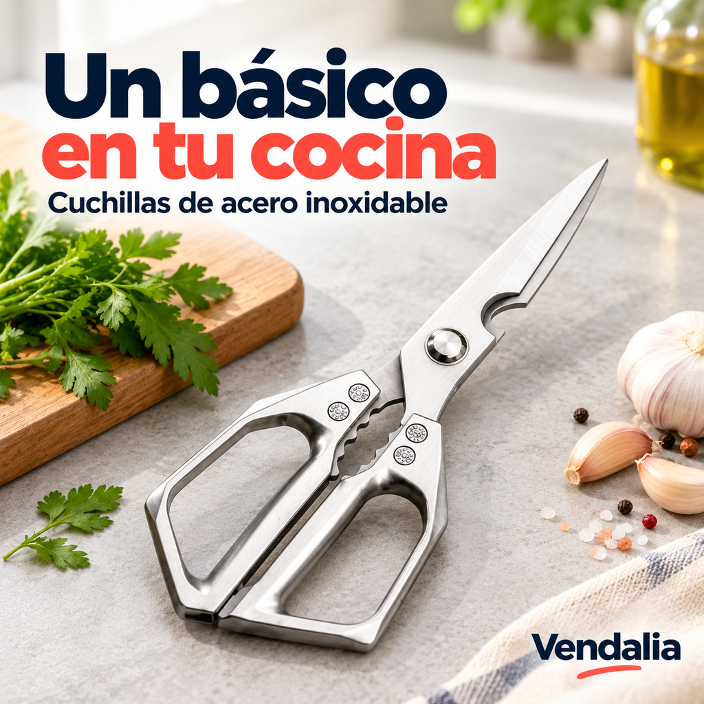 Tijeras de cocina metálicas multifuncionales. Portada Vendalia.