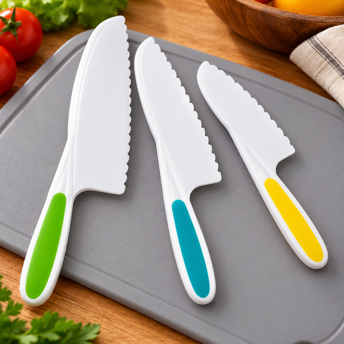 Juego de tres cuchillos de plástico blancos con mangos verde, turquesa y amarillo. Vista de detalle.