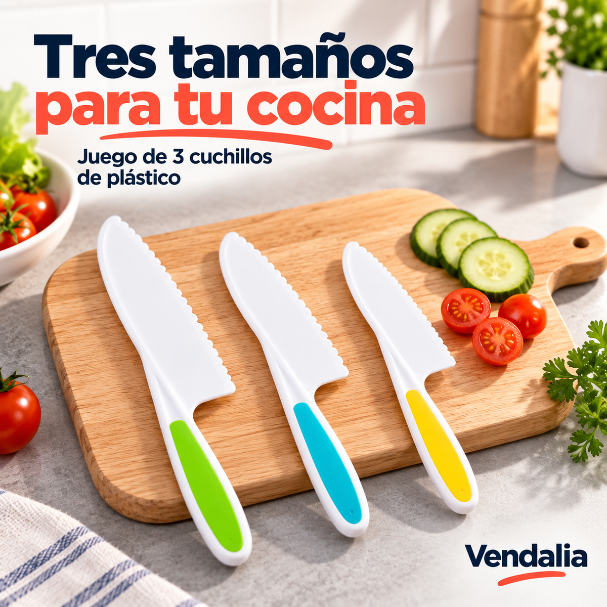 Juego de tres cuchillos de plástico blancos con mangos verde, turquesa y amarillo. Portada Vendalia.