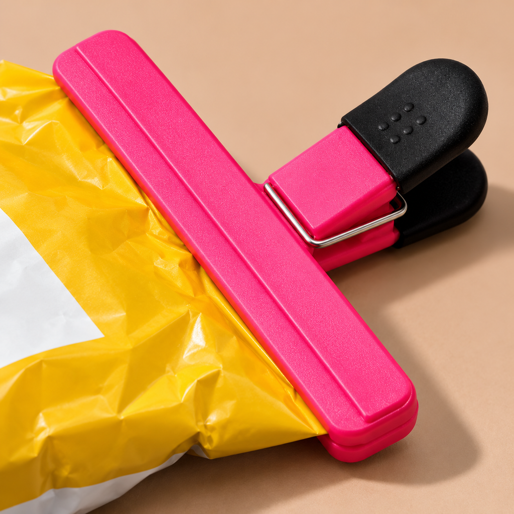 Pinza rosa con mangos negros para cerrar bolsas. Detalle o uso del mismo modelo.