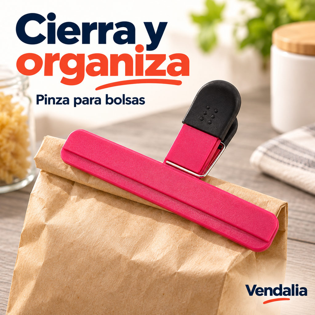 Pinza rosa con mangos negros para cerrar bolsas. Portada Vendalia.
