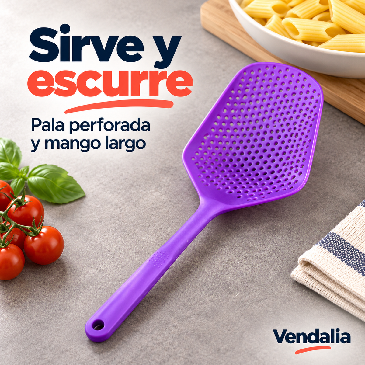 Espátula coladora morada de mango largo. Portada Vendalia.