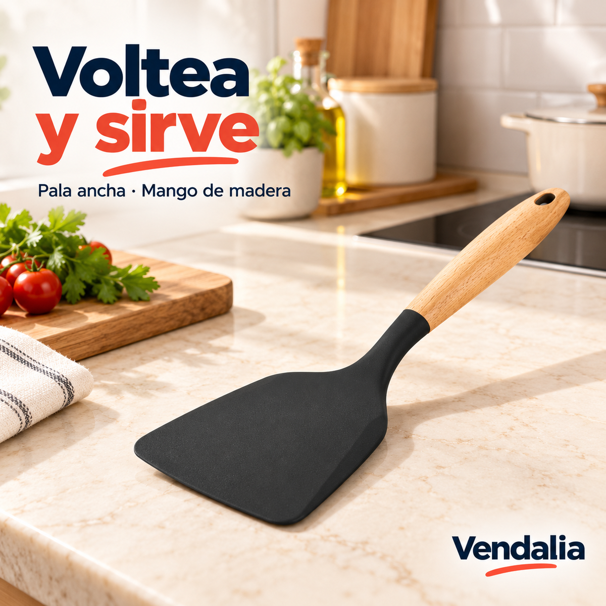 Espátula negra con mango de madera. Portada Vendalia.