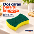 Esponja amarilla con fibra abrasiva verde y laterales curvos.