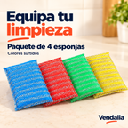 Cuatro esponjas abrasivas de colores con fibra plateada, presentación en paquete.