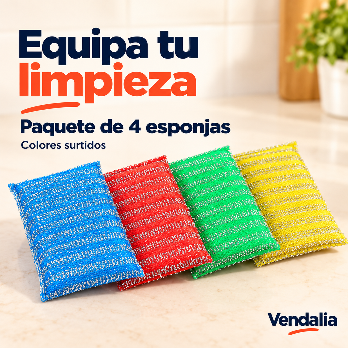 Cuatro esponjas abrasivas de colores con fibra plateada, presentación en paquete.