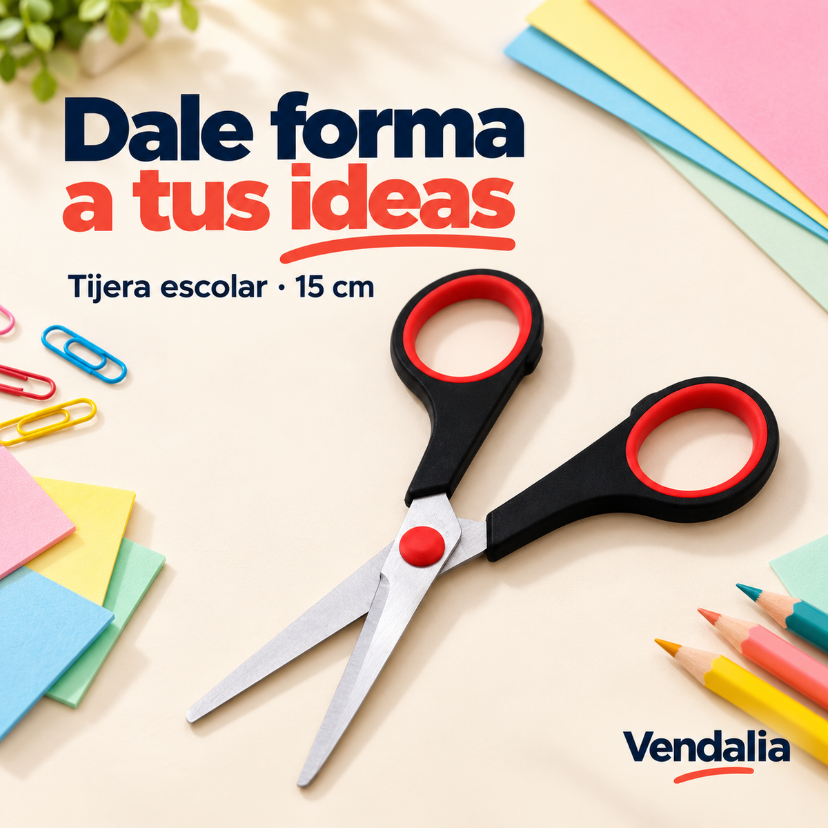 Tijera escolar negra con rojo de15cm — Vendalia