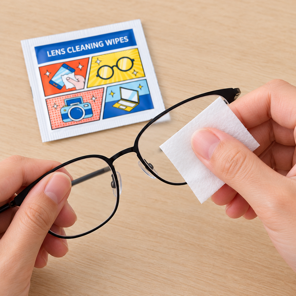 Una toallita del paquete en uso sobre lentes; gafas ilustrativas no incluidas.
