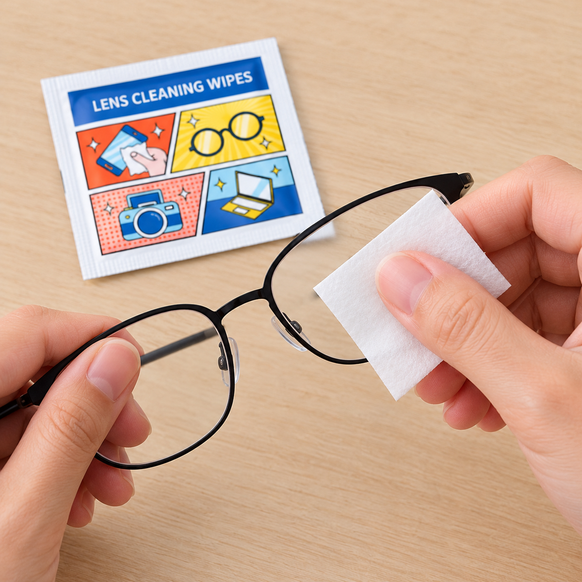 Una toallita del paquete en uso sobre lentes; gafas ilustrativas no incluidas.