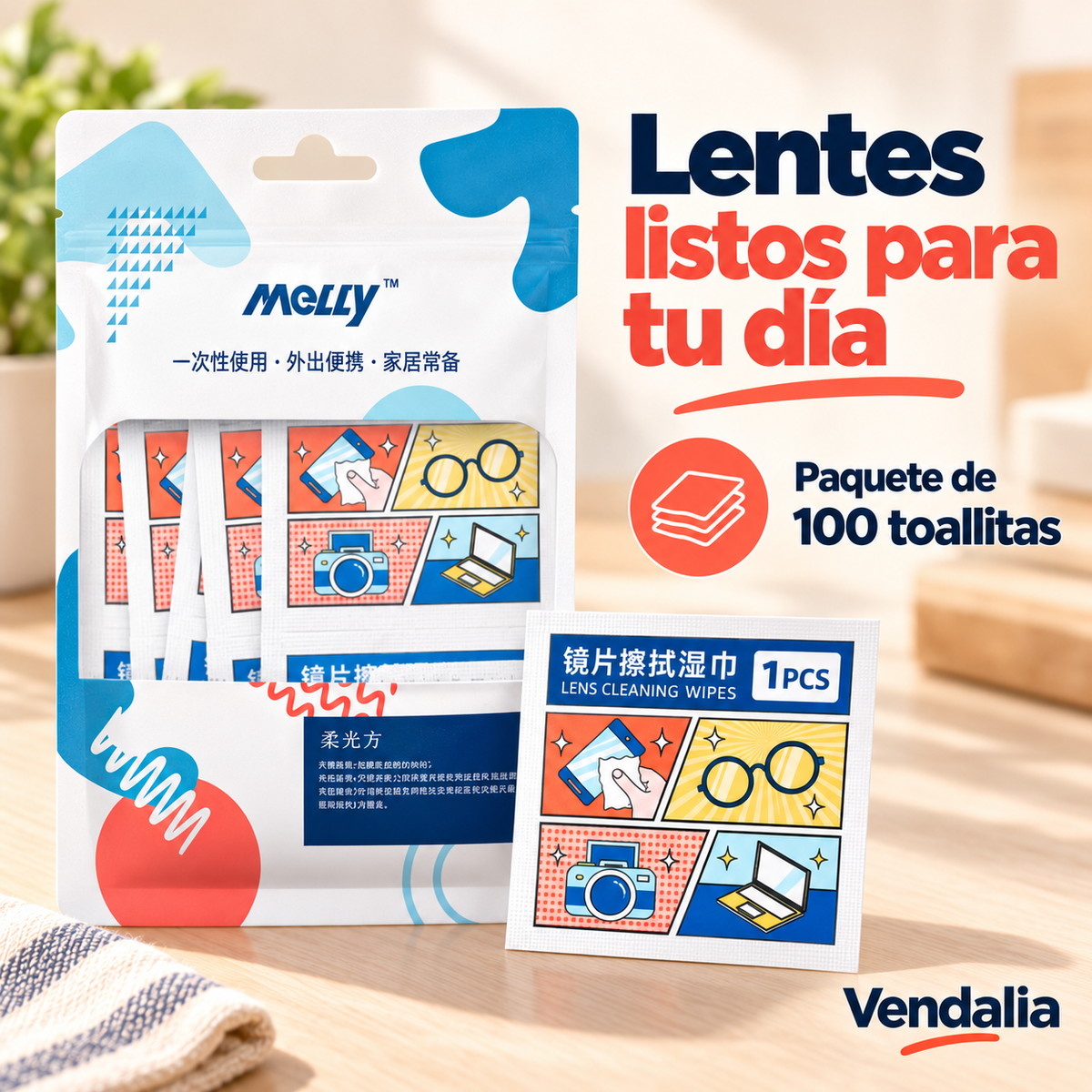 Empaque de cien toallitas para lentes y un sobre individual del contenido.