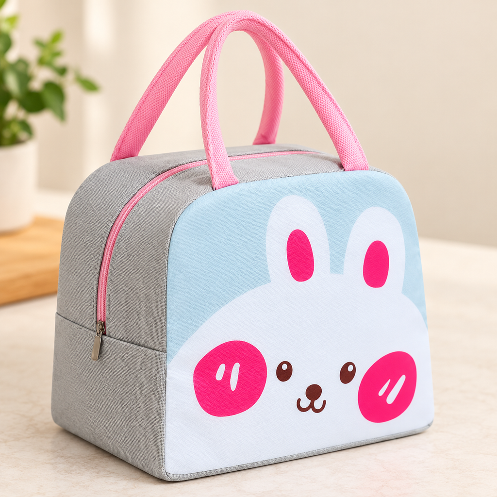 Bolsa térmica conejito con asas rosas. Vista de detalle.