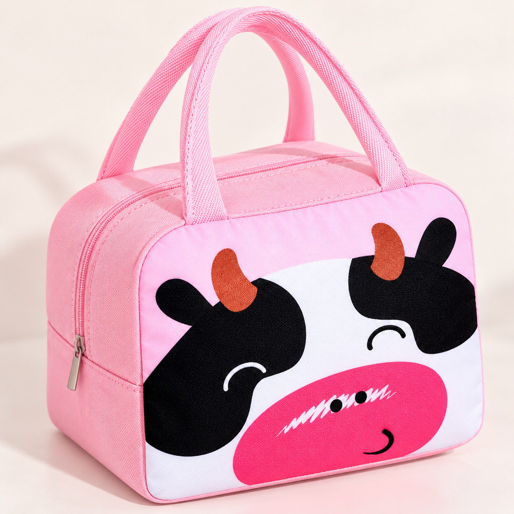 Bolsa térmica rosa con diseño de vaquita. Vista de detalle.