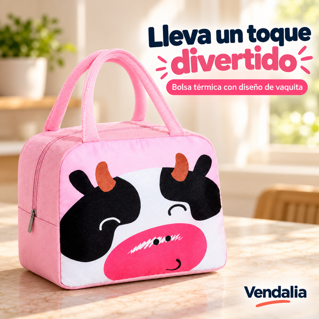 Bolsa térmica rosa con diseño de vaquita. Portada Vendalia.