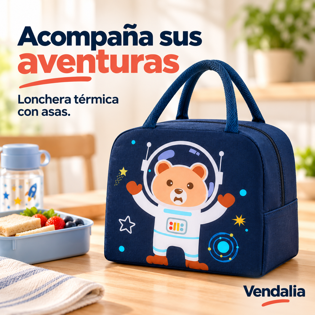 Lonchera azul marino con oso astronauta. Portada Vendalia.