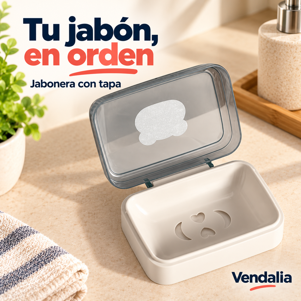 Jabonera Plástica con Tapa y Drenaje · Portada Vendalia · SKU 53364
