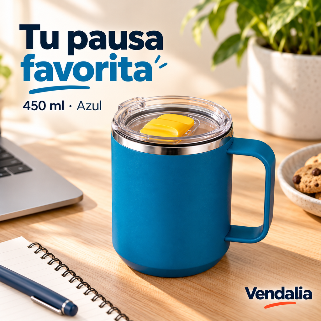 Taza térmica azul de 450 ml. Portada Vendalia.