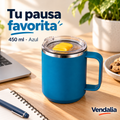 Taza térmica azul de 450 ml. Portada Vendalia.