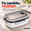 Lonchera blanca y gris de 1200 ml con tapa ahumada y cierres. Portada Vendalia.