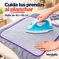 Malla de planchado rectangular de esquinas redondeadas, blanca translúcida con borde morado fino — portada Vendalia