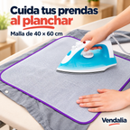 Malla de planchado rectangular de esquinas redondeadas, blanca translúcida con borde morado fino — portada Vendalia