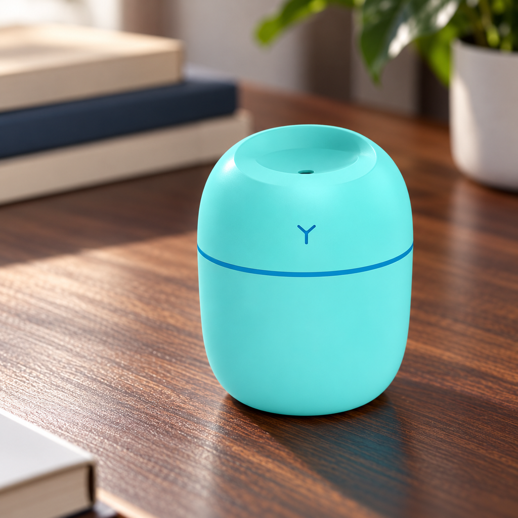 Mini humidificador azul turquesa — vista en escritorio