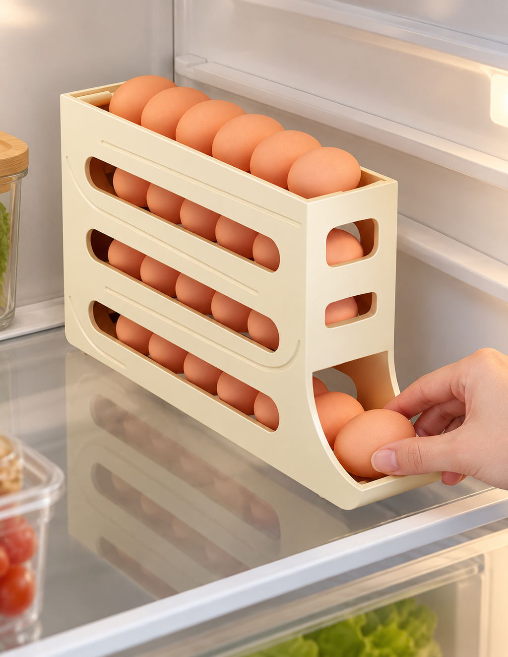 Organizador de huevos en uso dentro del refrigerador; huevos no incluidos