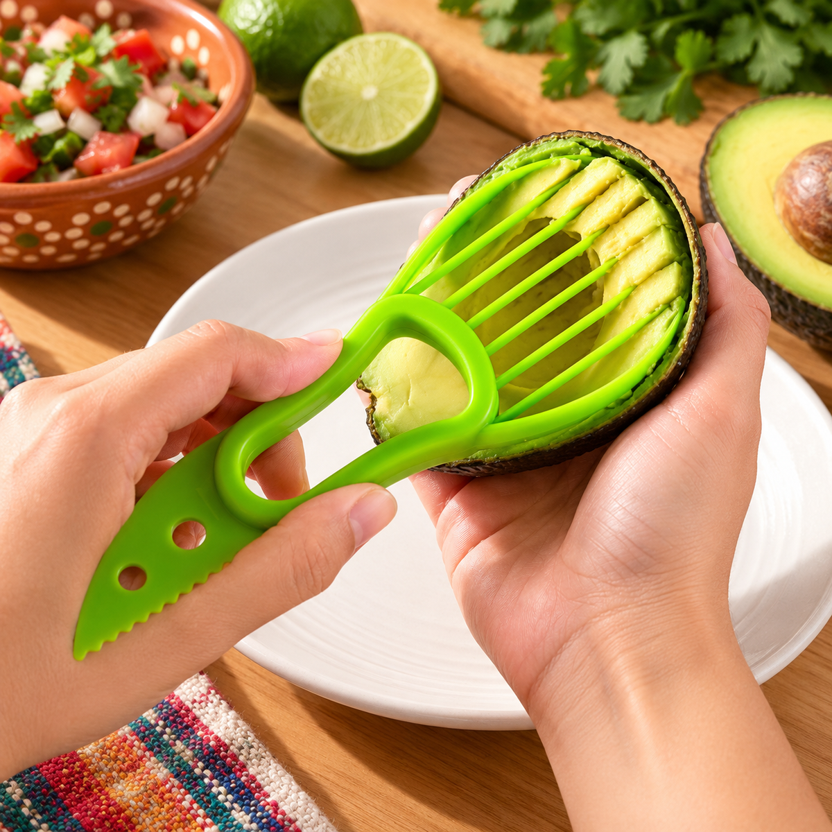 Rebanador verde de aguacate en uso; alimentos no incluidos