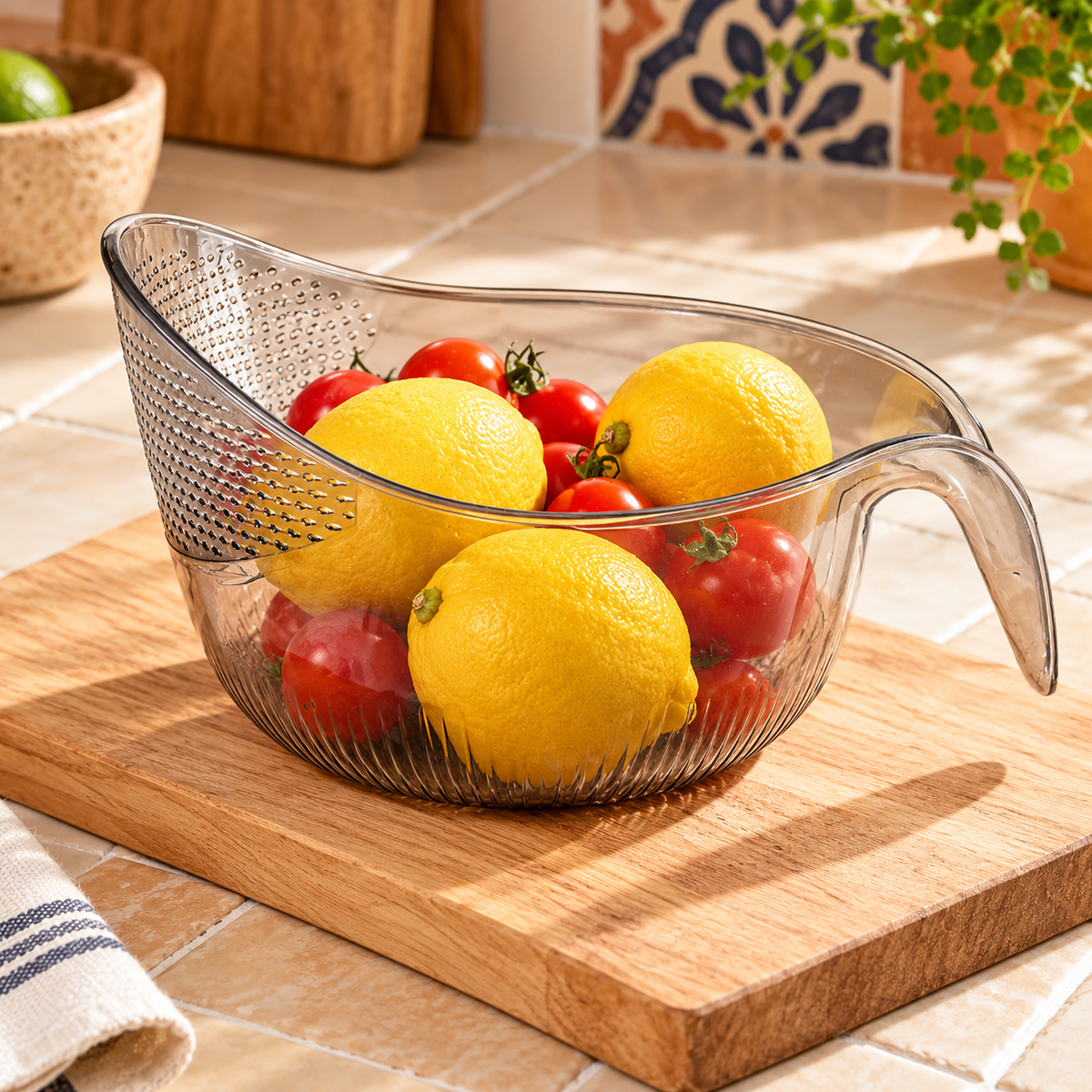 Colador con frutas; alimentos y tabla no incluidos
