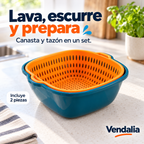 Set escurridor naranja con tazón azul. Portada Vendalia.
