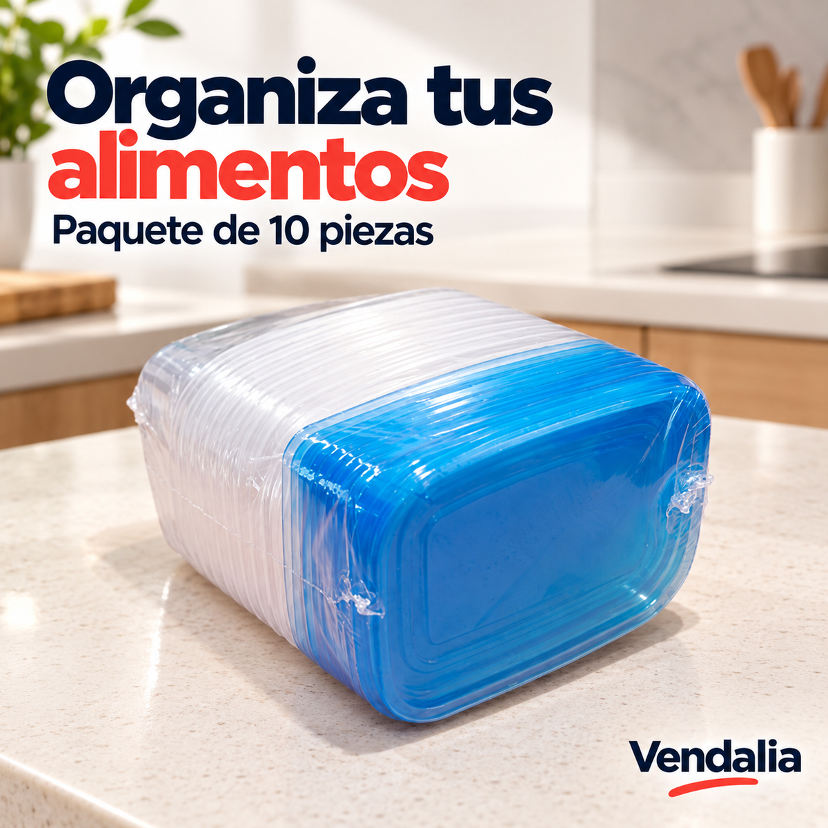 Paquete de 10 piezas de recipientes transparentes con tapas azules. Portada Vendalia.