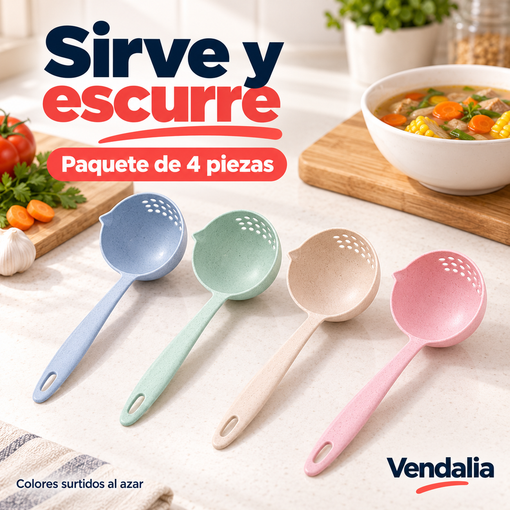 Paquete de 4 cucharones coladores. Colores surtidos al azar. Portada Vendalia.