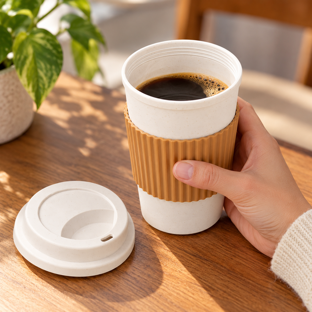 Vaso blanco reutilizable de 450ml con manga café. Vista de detalle.