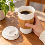 Vaso blanco reutilizable de 450ml con manga café. Vista de detalle.