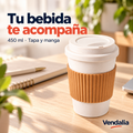 Vaso blanco reutilizable de 450ml con manga café. Portada Vendalia.