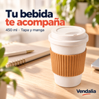 Vaso blanco reutilizable de 450ml con manga café. Portada Vendalia.